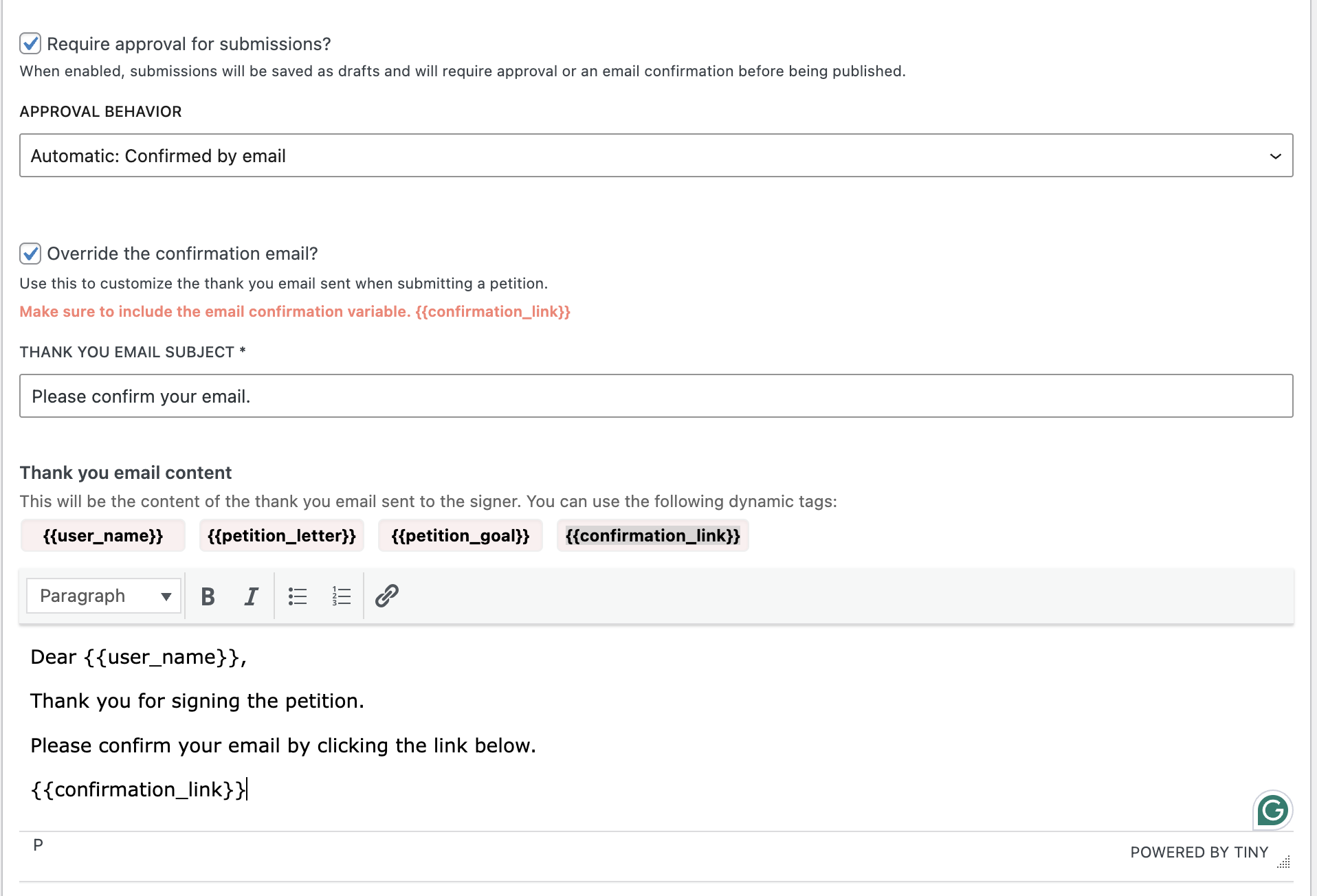 Email confirmations - Petitioner - WP plugin